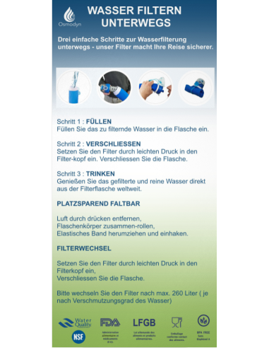 Gourde filtrante 1 litre légère et compressible Performance garantie Osmodyn